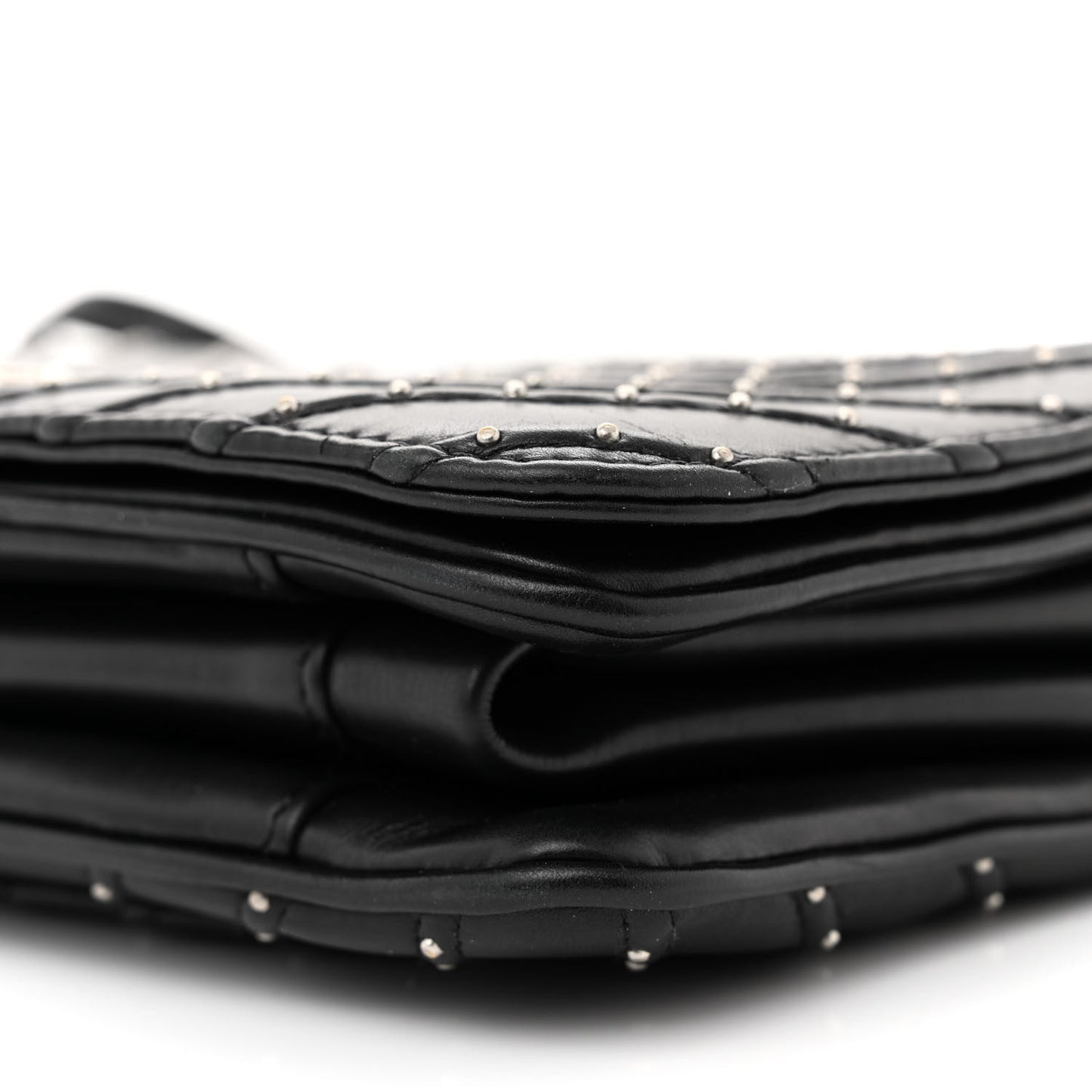 Calfskin Studded Chevron Quilted Flap Black