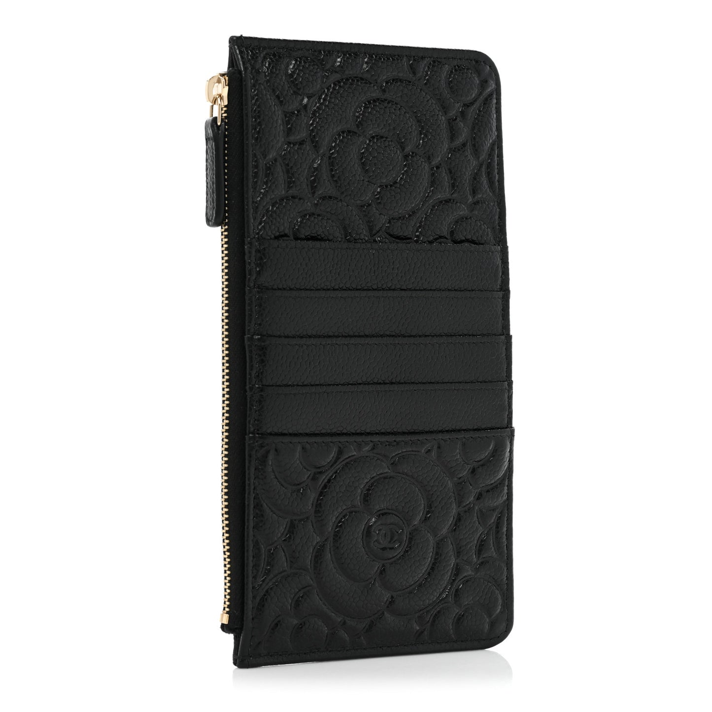 Caviar Camellia Embossed Classic Flat Wallet Pouch Black