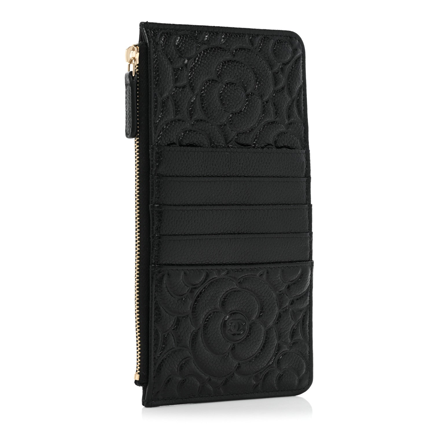 Chanel Caviar Camellia Embossed Classic Flat Wallet Pouch Black 3 of 9