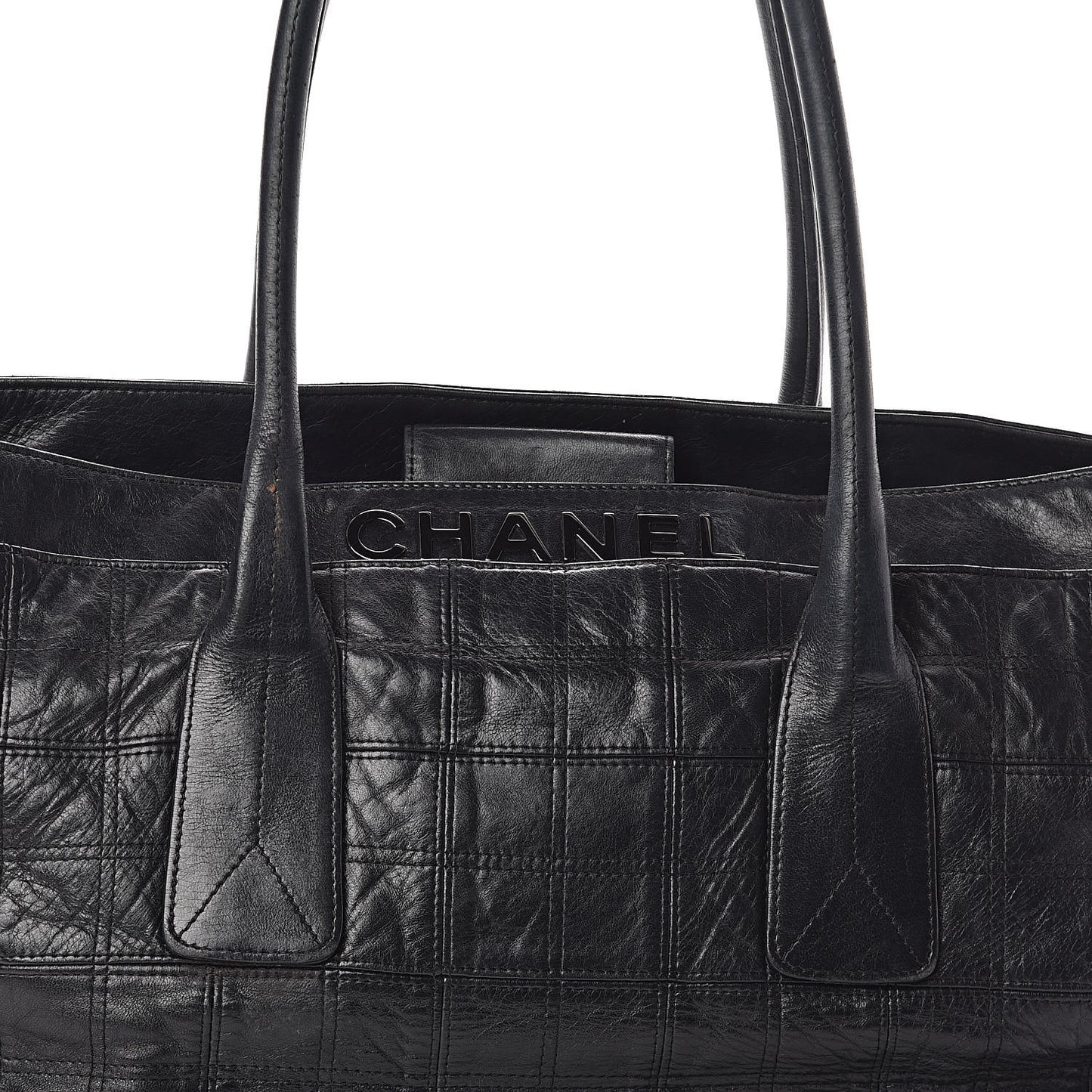 Lambskin Square Stitched Lax Shopping Tote Black