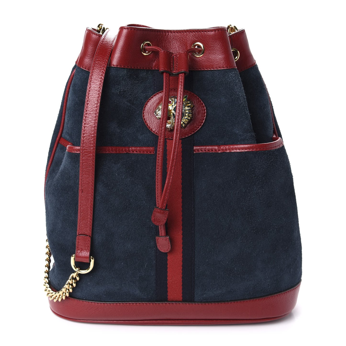 Suede Calfskin Web Medium Rajah Bucket Bag New Blue Romantic Cherry