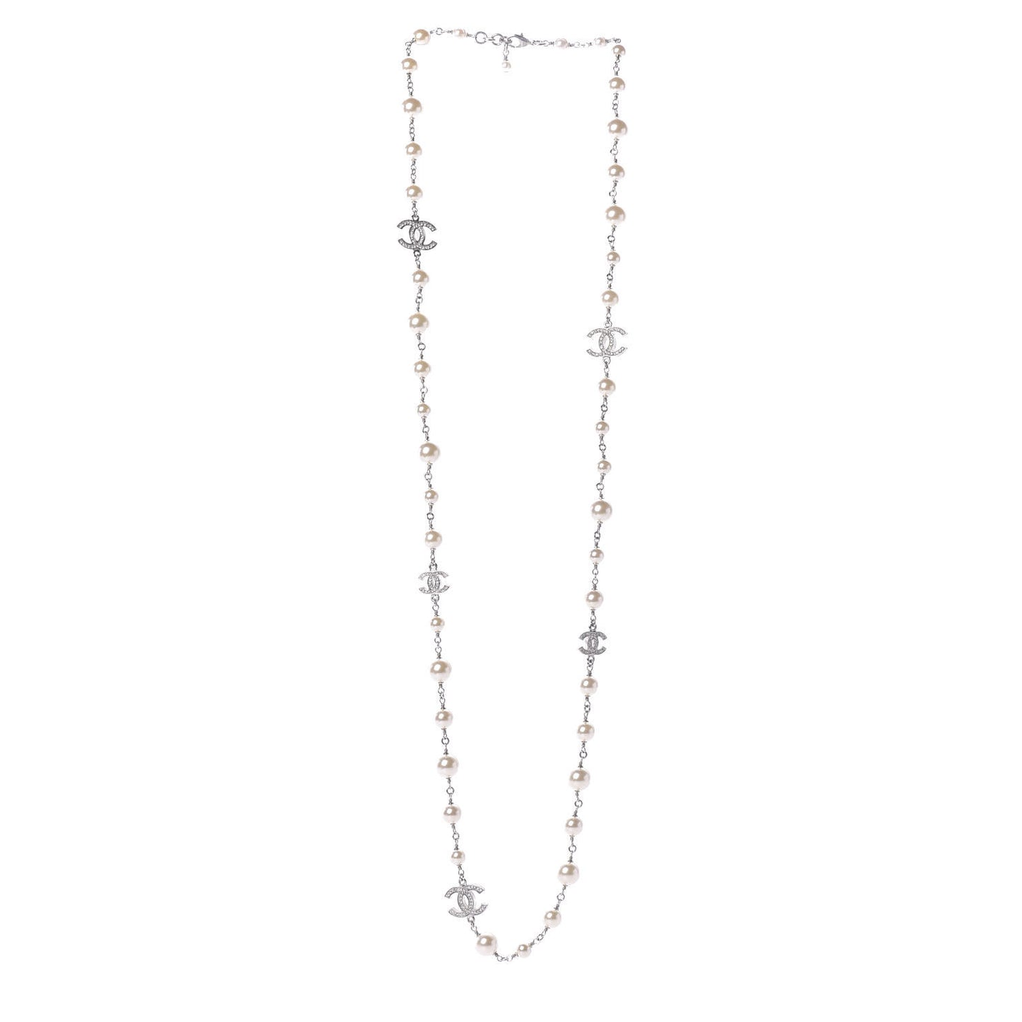 Crystal Pearl CC Long Necklace Silver