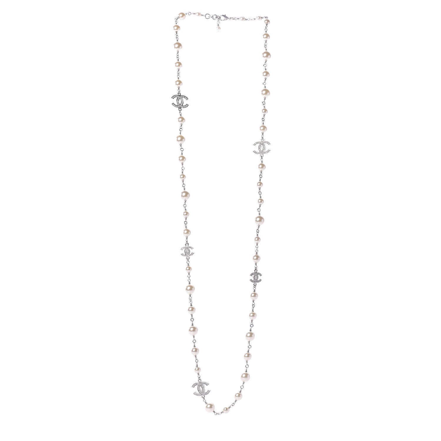 Chanel Crystal Pearl CC Long Necklace Silver 3 of 6