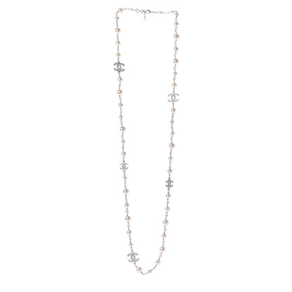 Chanel Crystal Pearl CC Long Necklace Silver 3 of 6