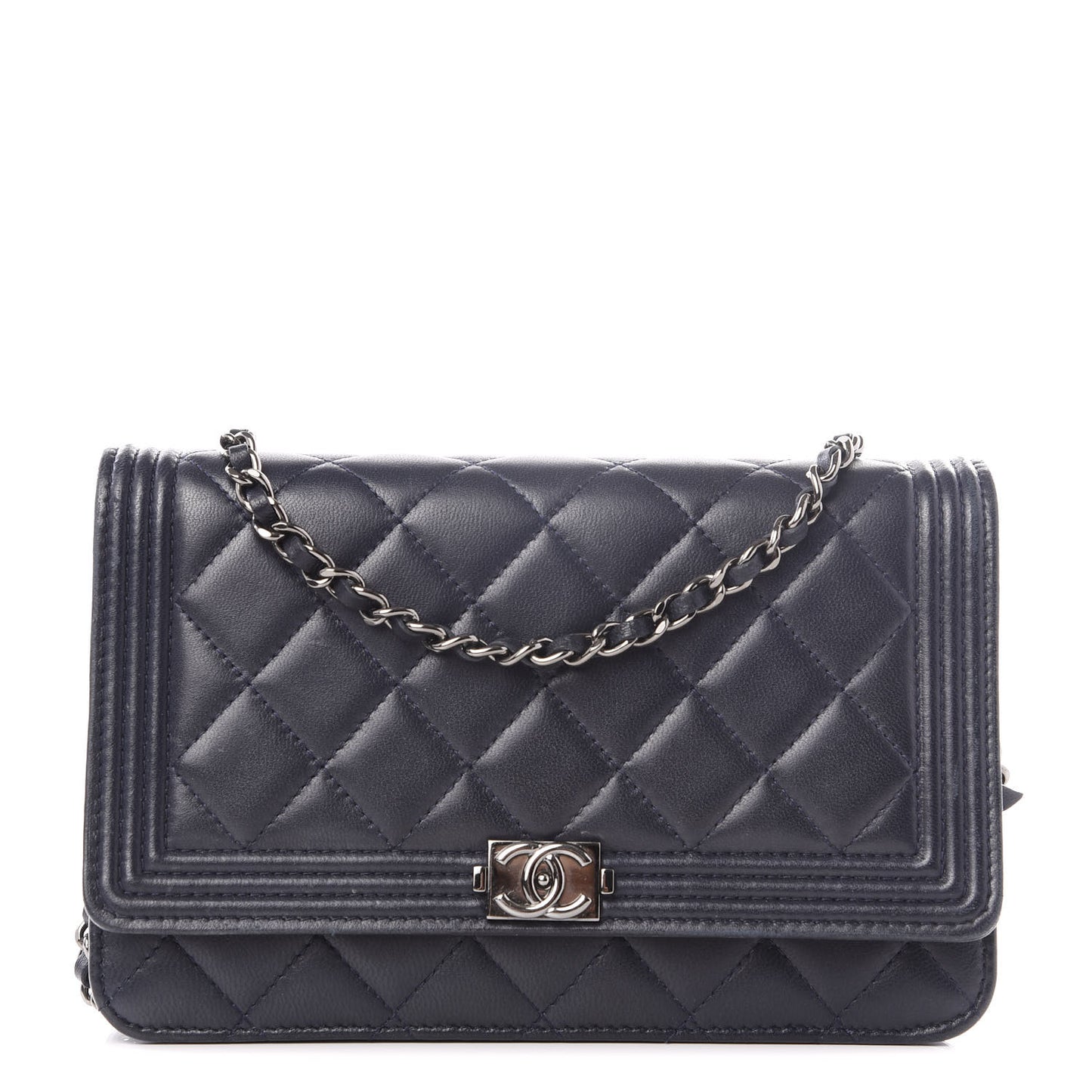 Lambskin Quilted Boy Wallet On Chain WOC Navy Blue