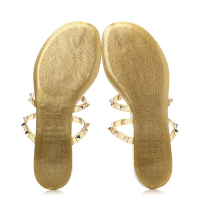 Valentino Garavani PVC Jelly Glitter Rockstud Caged Flat Thong Sandals 38 Oro 4 of 4