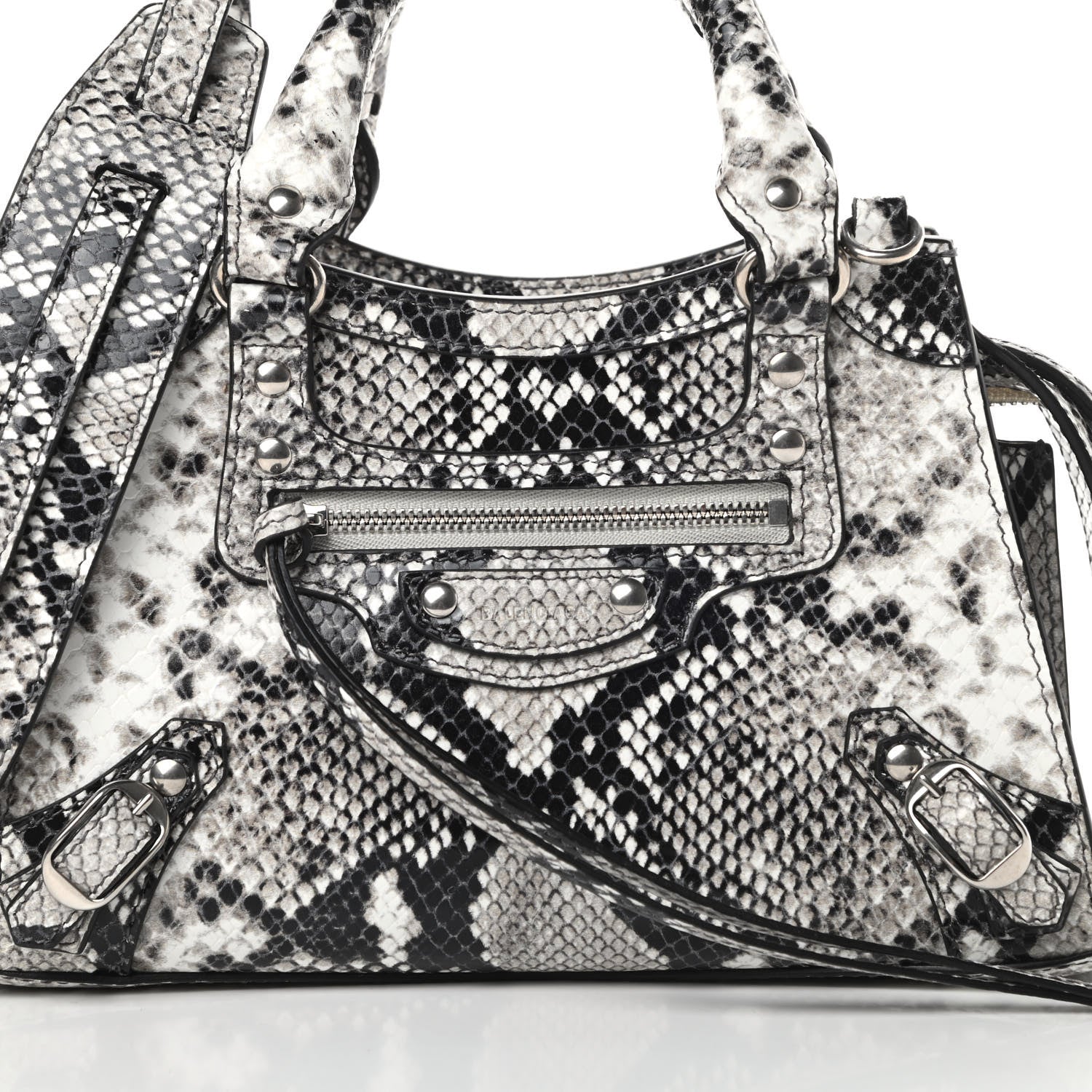 Balenciaga Grained Calfskin Snake Effect Neo Classic Silver Hardware Mini City Black White 8 of 10