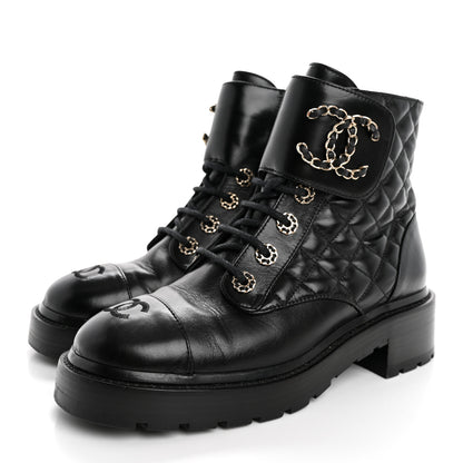 Chanel Shiny Calfskin Quilted Lace Up Combat Boots 37.5 Black 4 of 12