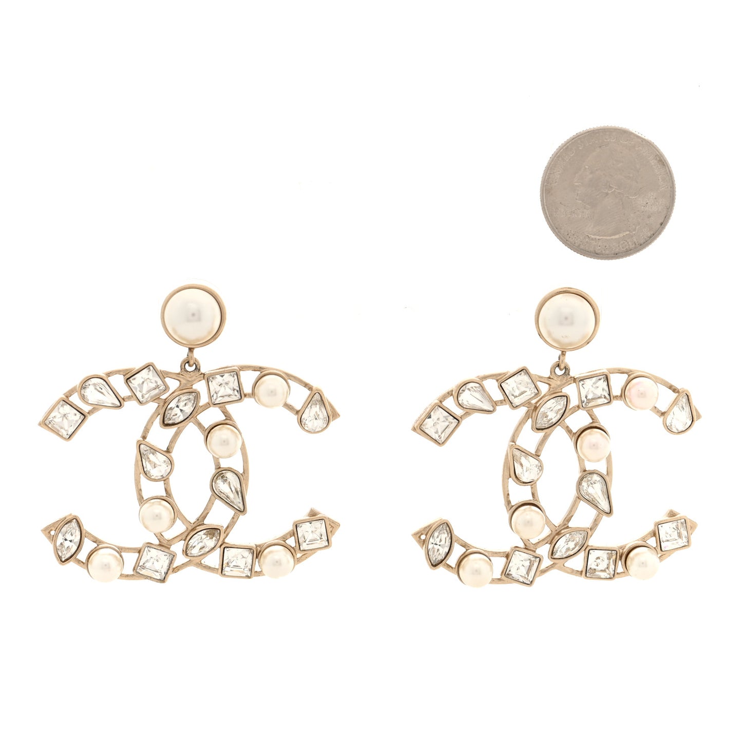 Metal Glass Pearl CC Crystal Snowfall CC Drop Earrings Light Gold