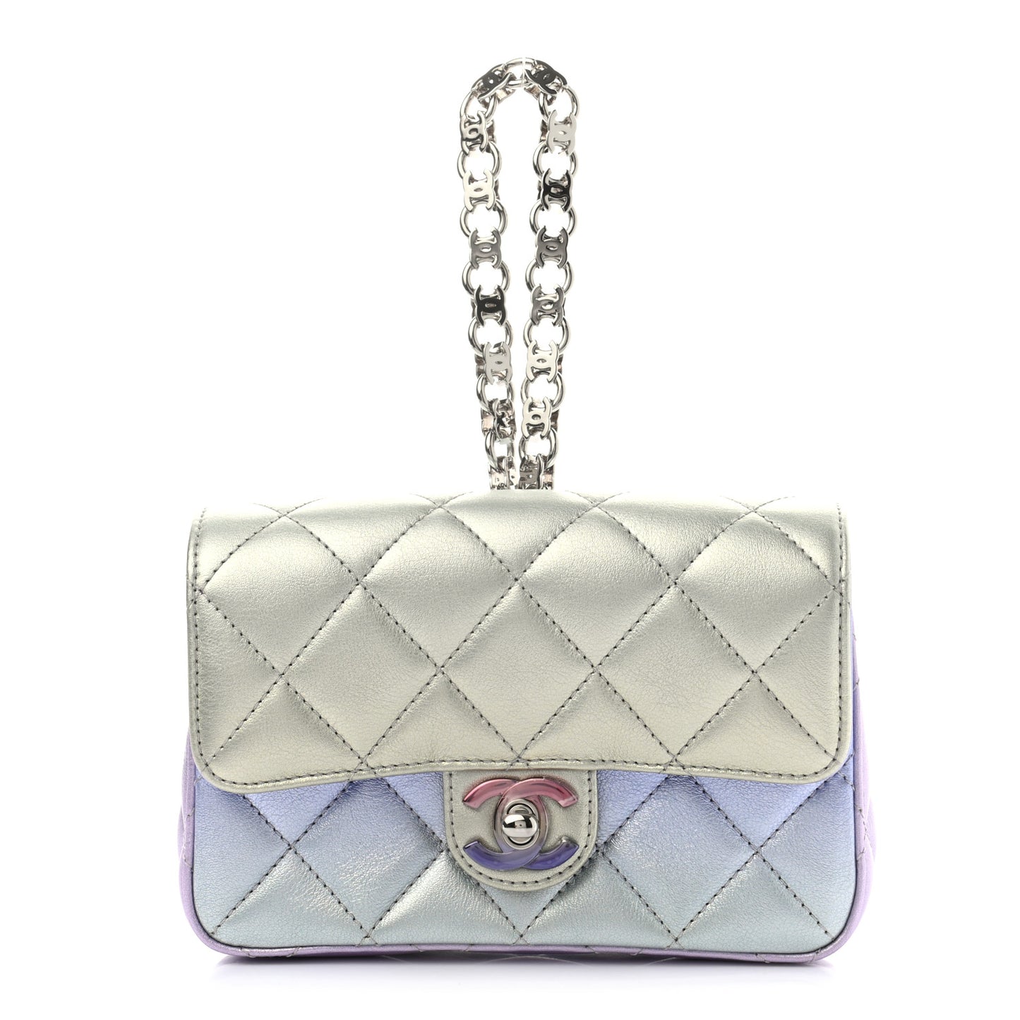 Gradient Metallic Calfskin Quilted Clutch Silver Blue Yellow Purple