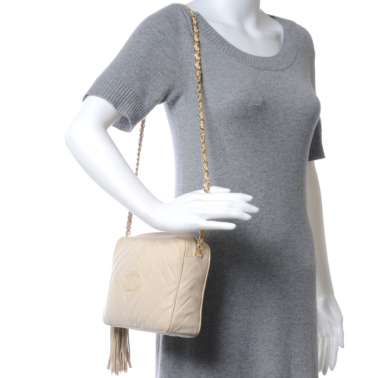 Lambskin Chevron Tassel Camera Case Beige