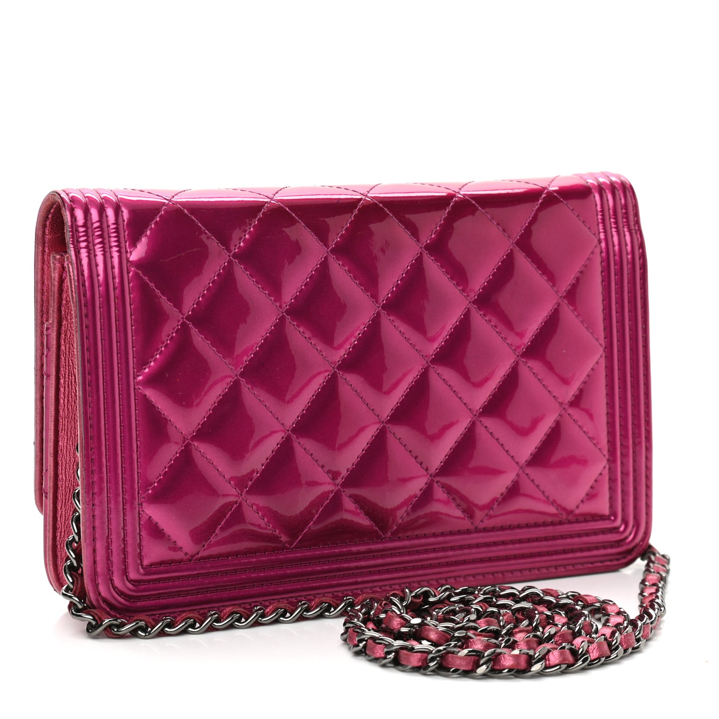 Metallic Patent Calfskin Quilted Boy Wallet On Chain WOC Fuchsia