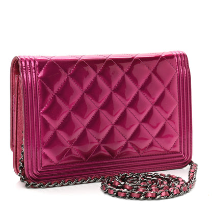 Chanel Metallic Patent Calfskin Quilted Boy Wallet On Chain WOC Fuchsia 3 of 11
