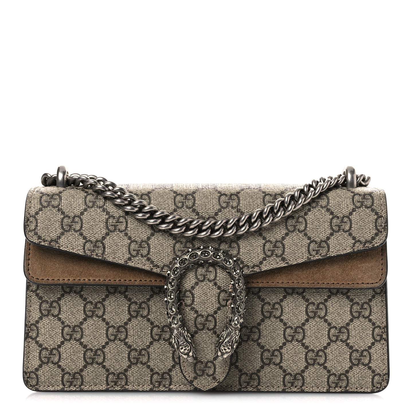 GG Supreme Monogram Suede Crystal Small Dionysus Shoulder Bag Beige Ebony Taupe