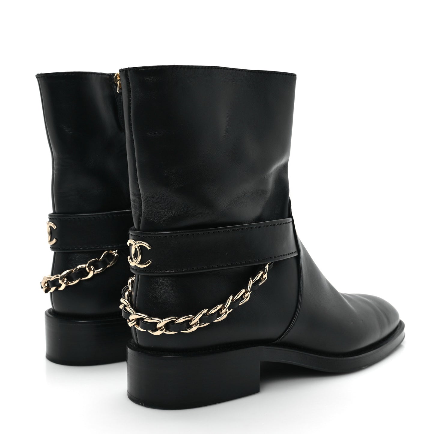 Calfskin Chain Short Boots 37 Black