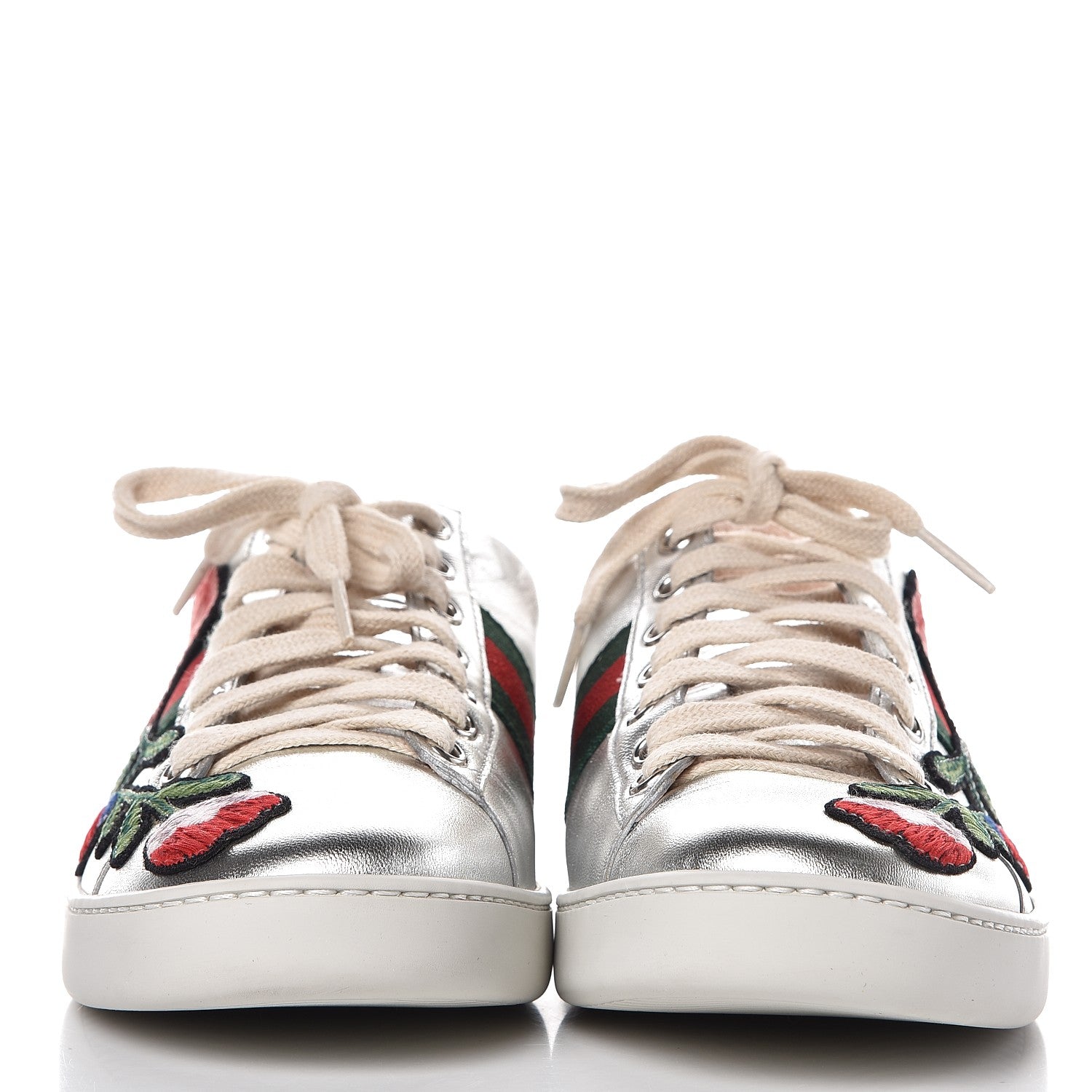 Gucci Metallic Calfskin Floral Embroidered Ace Sneakers 36.5 Silver 3 of 11