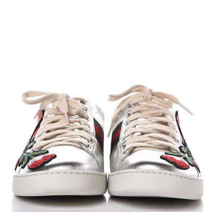 Gucci Metallic Calfskin Floral Embroidered Ace Sneakers 36.5 Silver 3 of 11