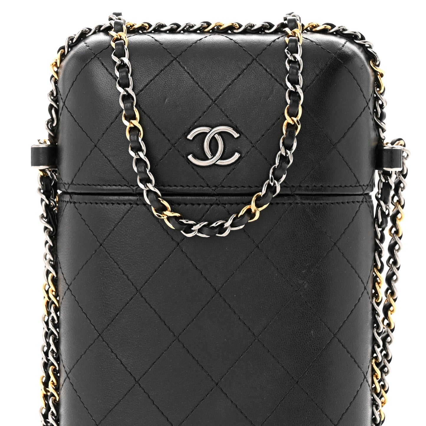 Lambskin Quilted Chain Around Phone Holder Black