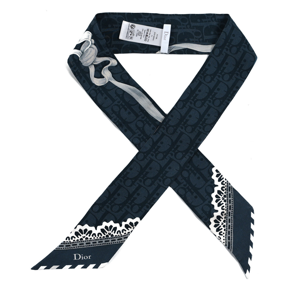 Christian Dior Silk Twill Medaillon Mitzah Scarf  Navy Blue White 1 of 3