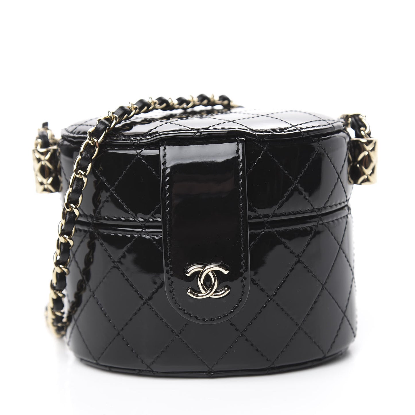Patent Quilted Round Small Vanity With Chain Black