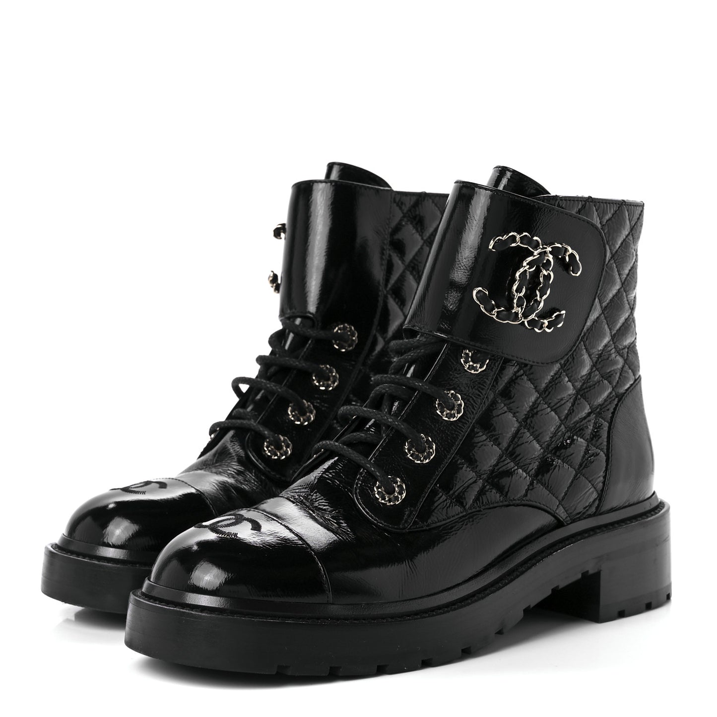 Shiny Lambskin Quilted Lace Up Combat Boots 40 Black
