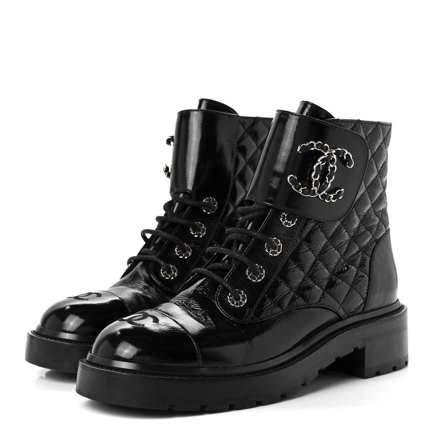 Chanel Shiny Lambskin Quilted Lace Up Combat Boots 40 Black 3 of 11