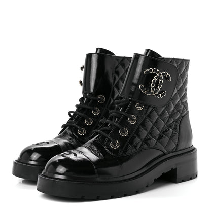 Chanel Shiny Lambskin Quilted Lace Up Combat Boots 40 Black 3 of 11