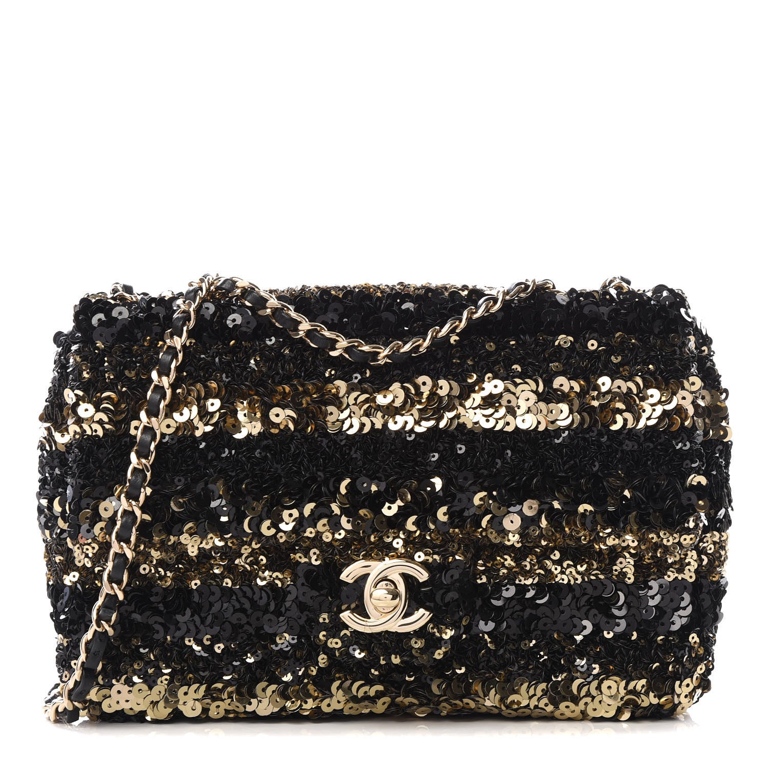 Chanel Sequin Striped Classic Mini Flap Black Gold 1 of 9