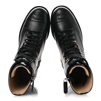 Chanel Calfskin Cap Toe Lace Up Combat Boots 37.5 Black 2 of 11