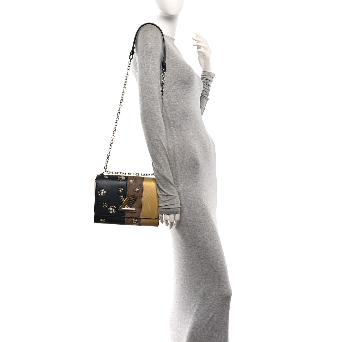 Louis Vuitton Calfskin Reverse Monogram Studded Twist Shoulder Bag MM Black Gold 2 of 10