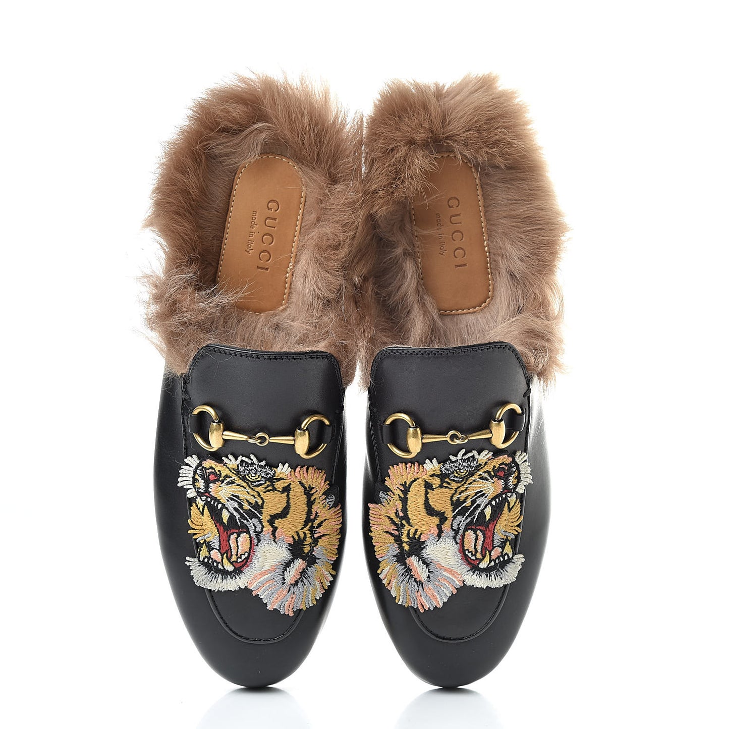 Calfskin Fur Tiger Embroidered Womens Princetown Slippers 36 Black