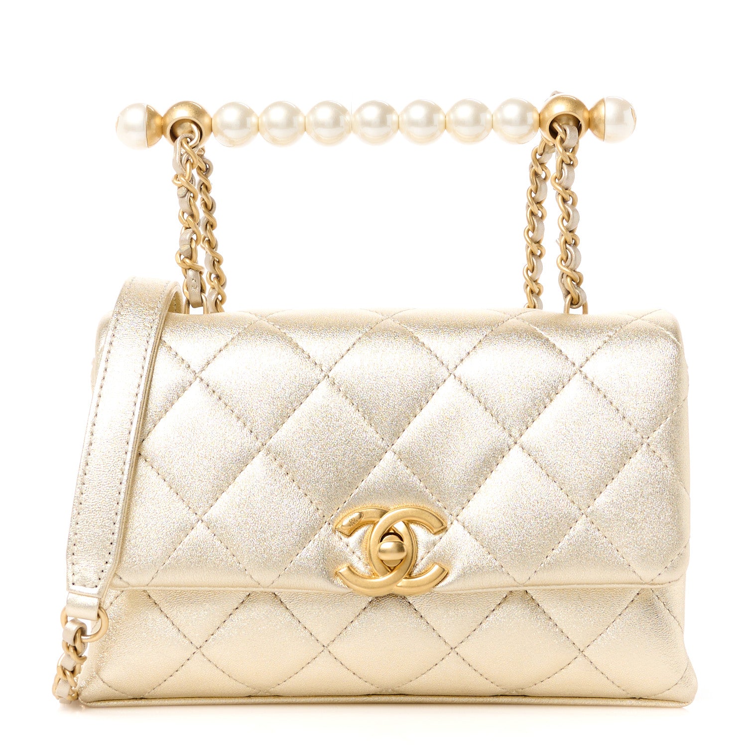 Chanel Metallic Goatskin Quilted Chic Pearls Mini Flap Gold 1 of 10