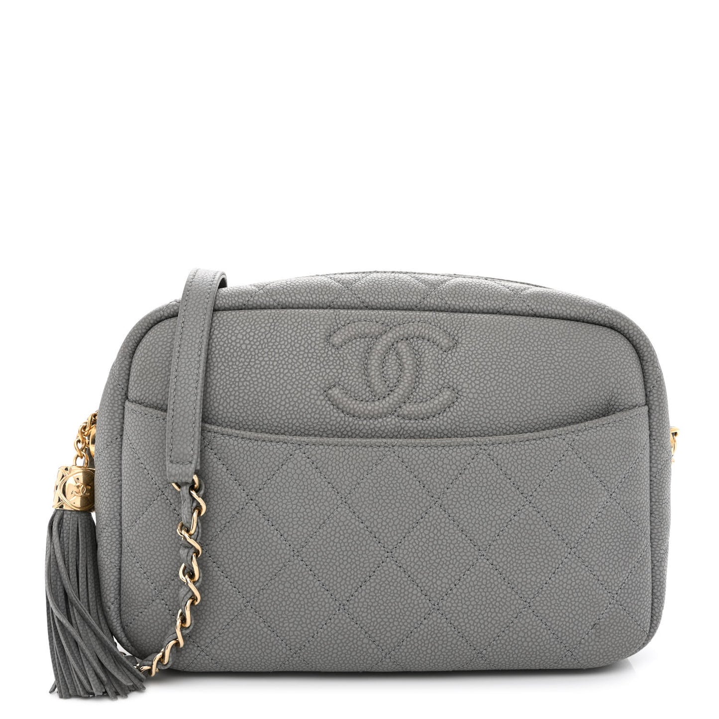 Iridescent Caviar Flat Quilted Small Coco Tassel Camera Case Grey