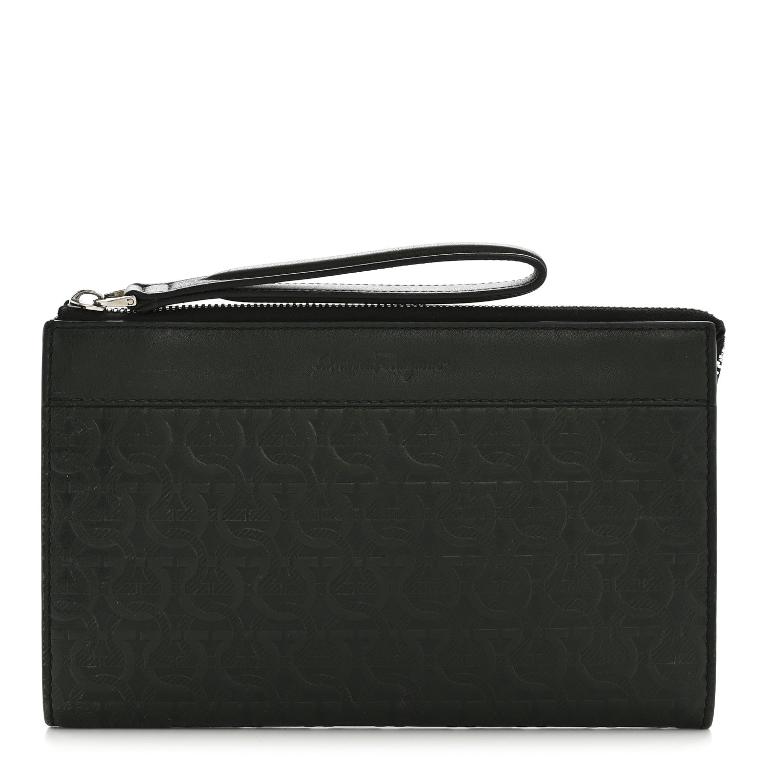 Salvatore Ferragamo Calfskin Gancini Embossed Wristlet Clutch Dark Green 1 of 13