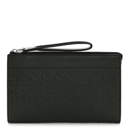 Salvatore Ferragamo Calfskin Gancini Embossed Wristlet Clutch Dark Green 1 of 13