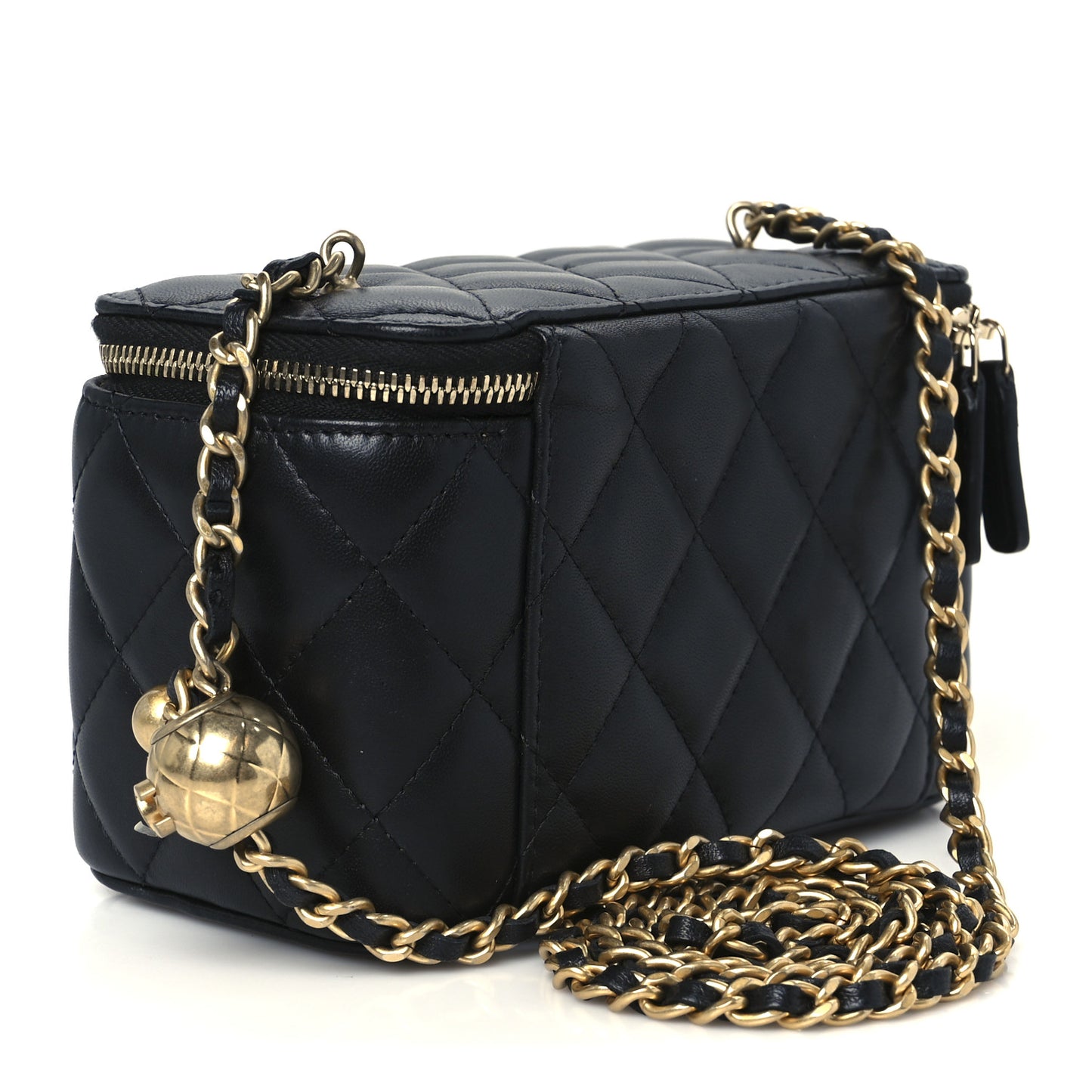 Lambskin Quilted Pearl Crush Small Vanity Case With Chain Black