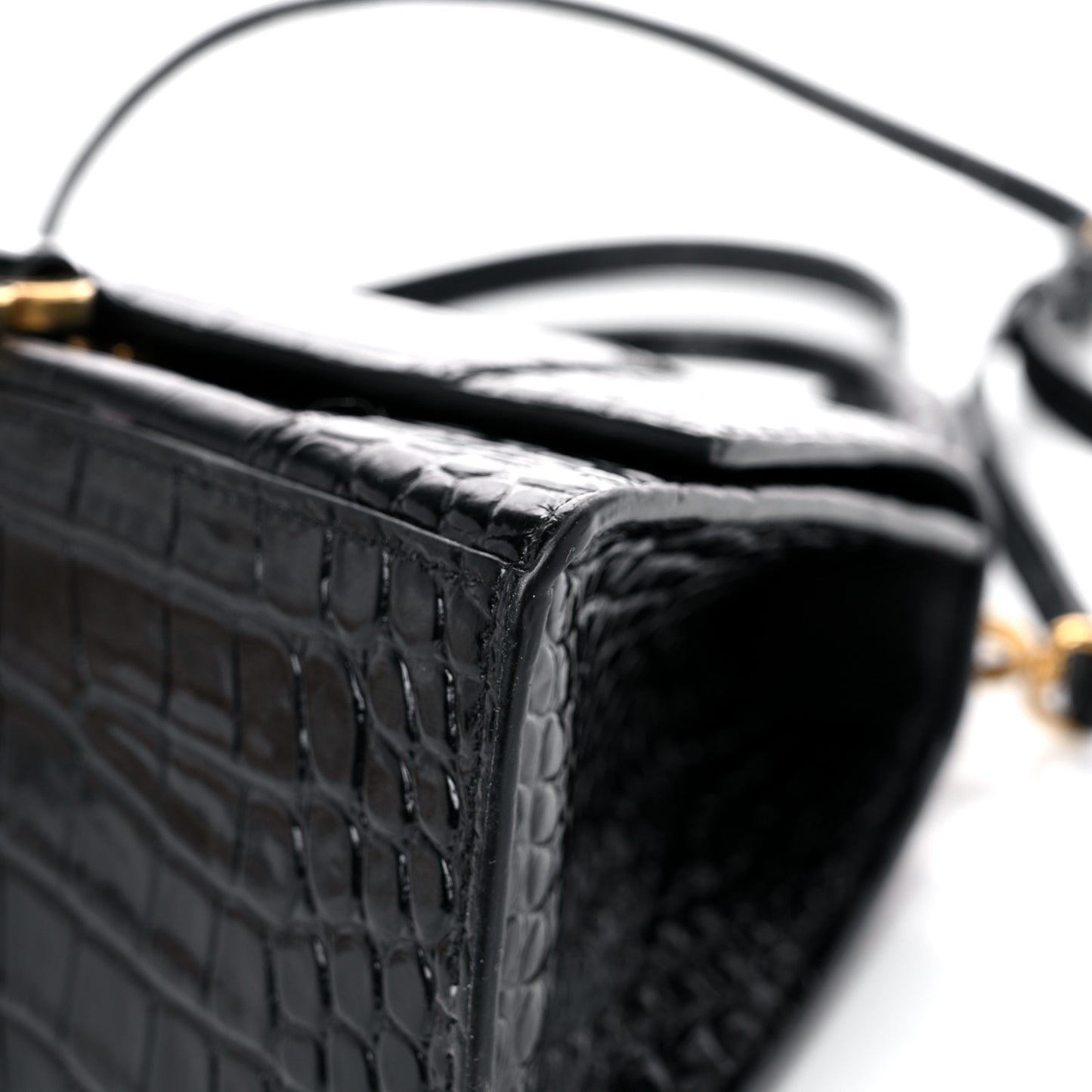 Shiny Calfskin Crocodile Embossed Small Hourglass Top Handle Bag Black