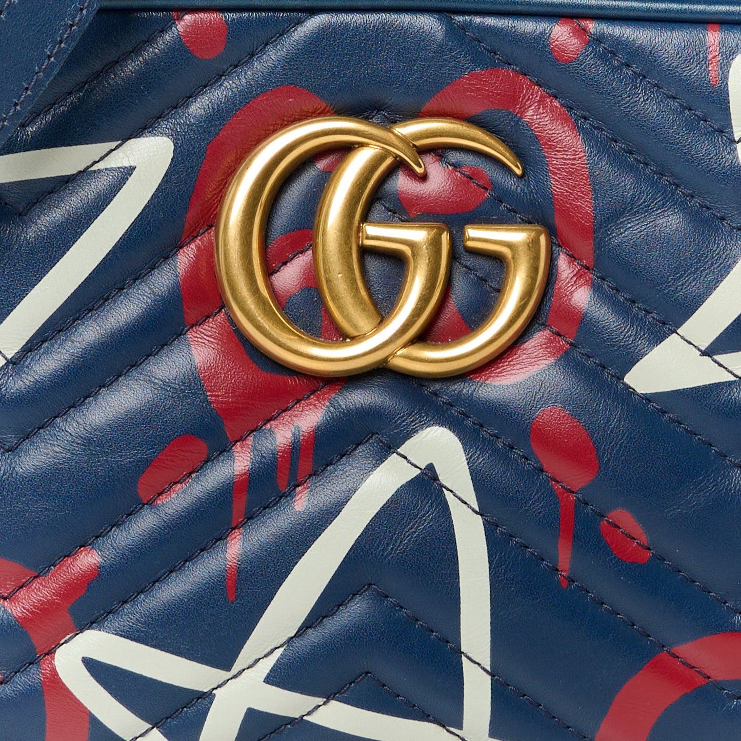 Calfskin Matelasse GucciGhost Small GG Marmont Chain Shoulder Bag Blue Agata Hibiscus Red