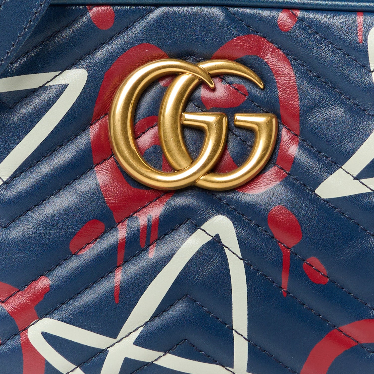 Gucci Calfskin Matelasse GucciGhost Small GG Marmont Chain Shoulder Bag Blue Agata Hibiscus Red 10 of 12