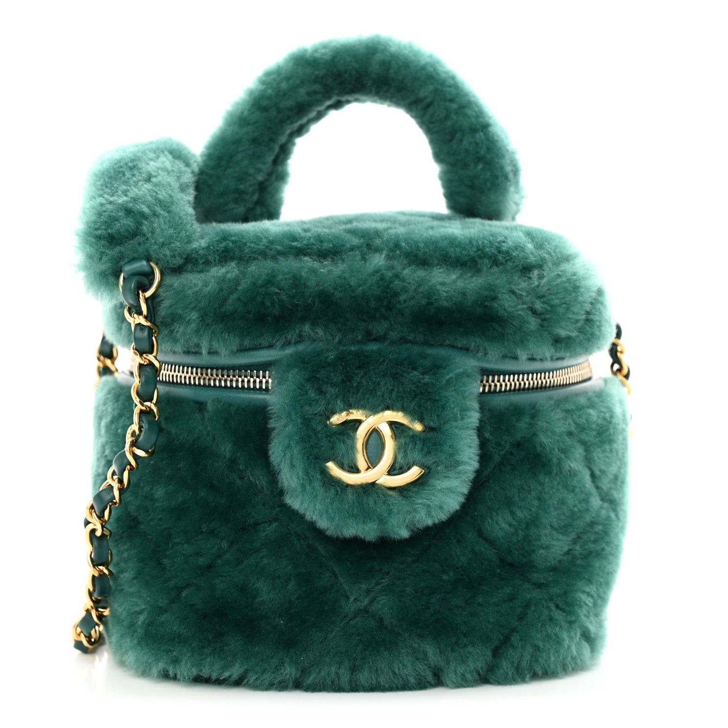 Chanel Shearling Lambskin Quilted Small Vanity Case Green 1 of 10
