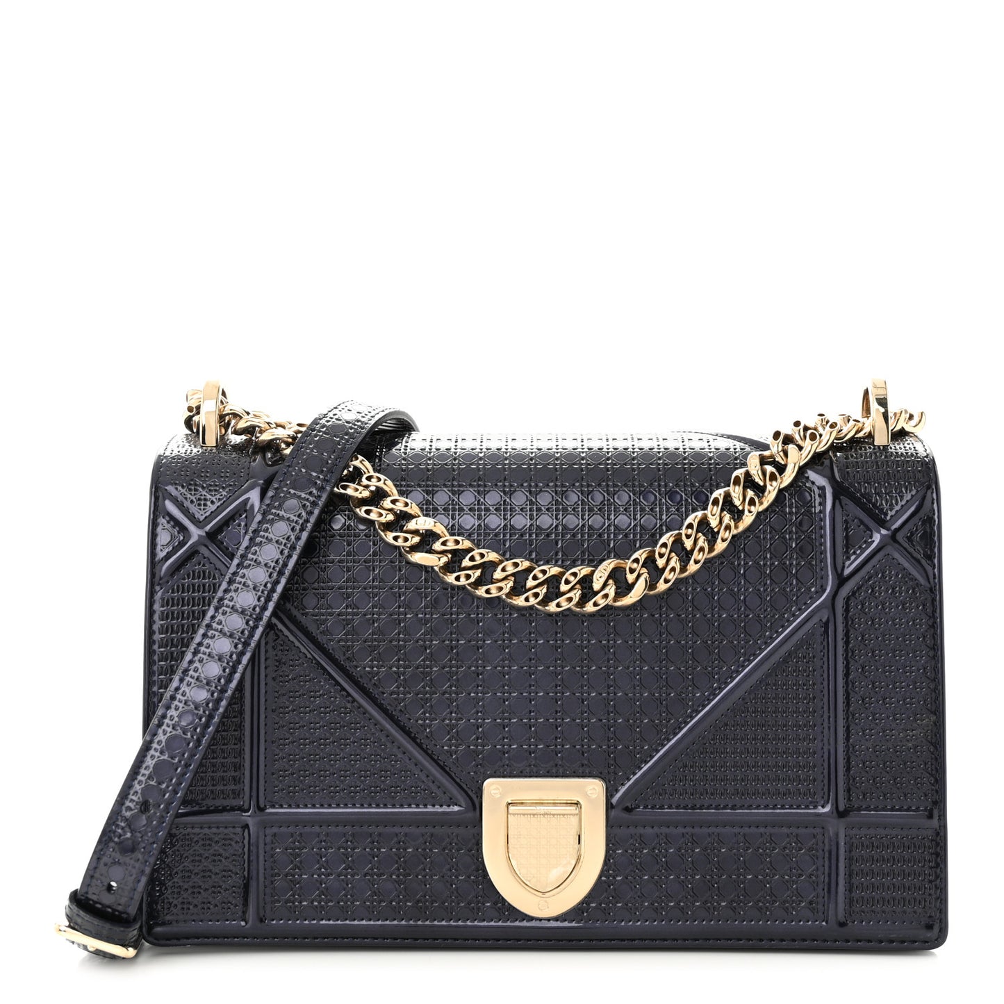 Metallic Patent Micro-Cannage Medium Diorama Flap Bag Navy Blue