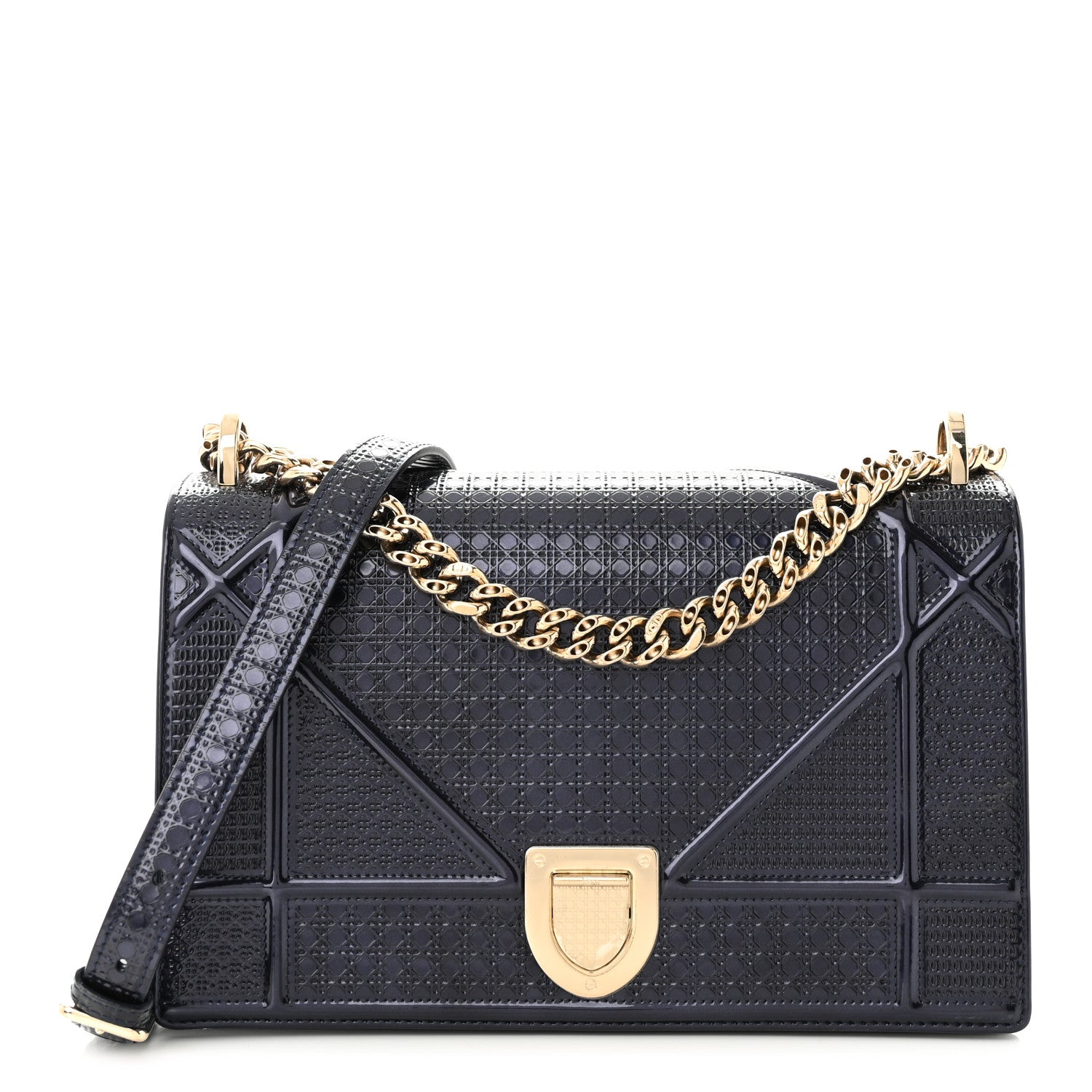 Christian Dior Metallic Patent Micro-Cannage Medium Diorama Flap Bag Navy Blue 1 of 10