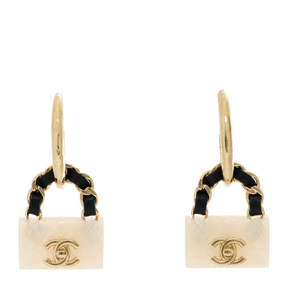 Chanel Metal Resin Calfskin Quilted CC Turnlock Chain Bag Earrings Gold Pearly White 1 of 4