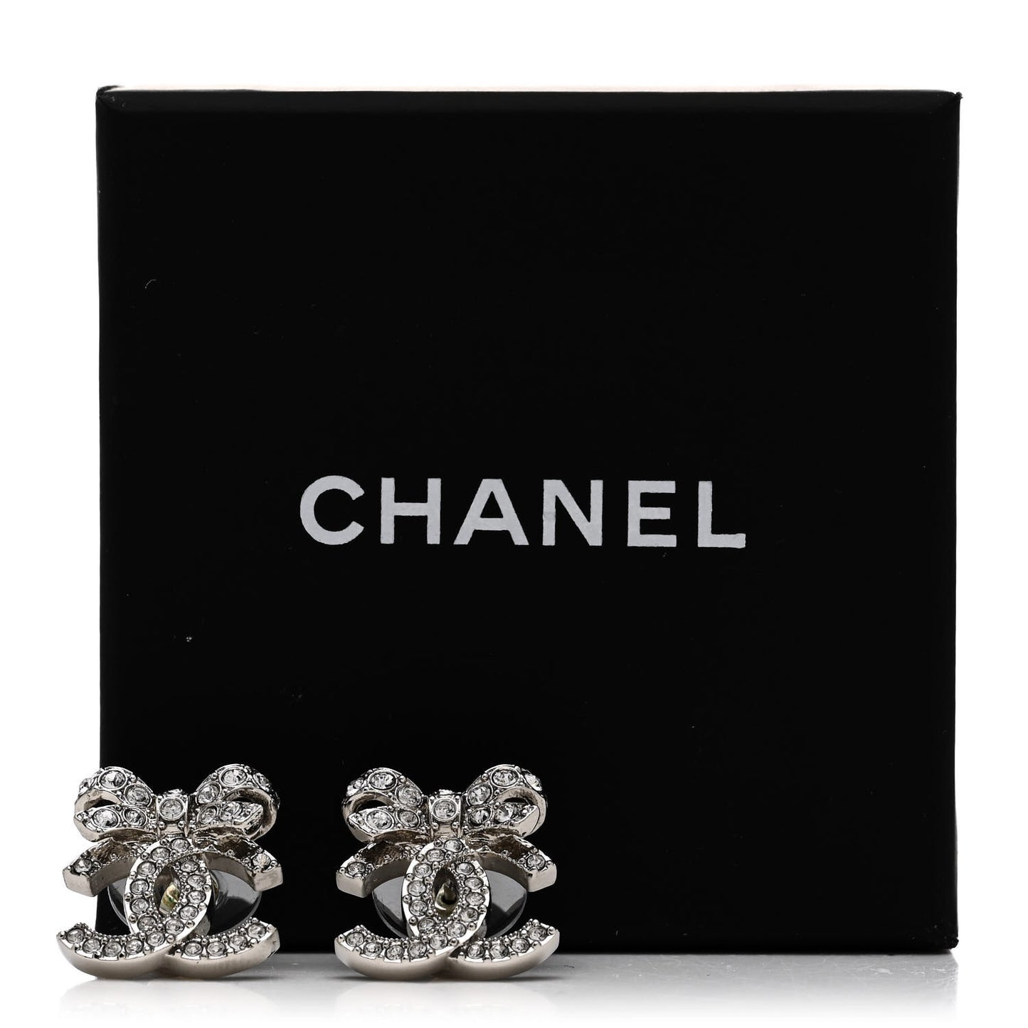 Crystal CC Bow Dangle Earrings Silver