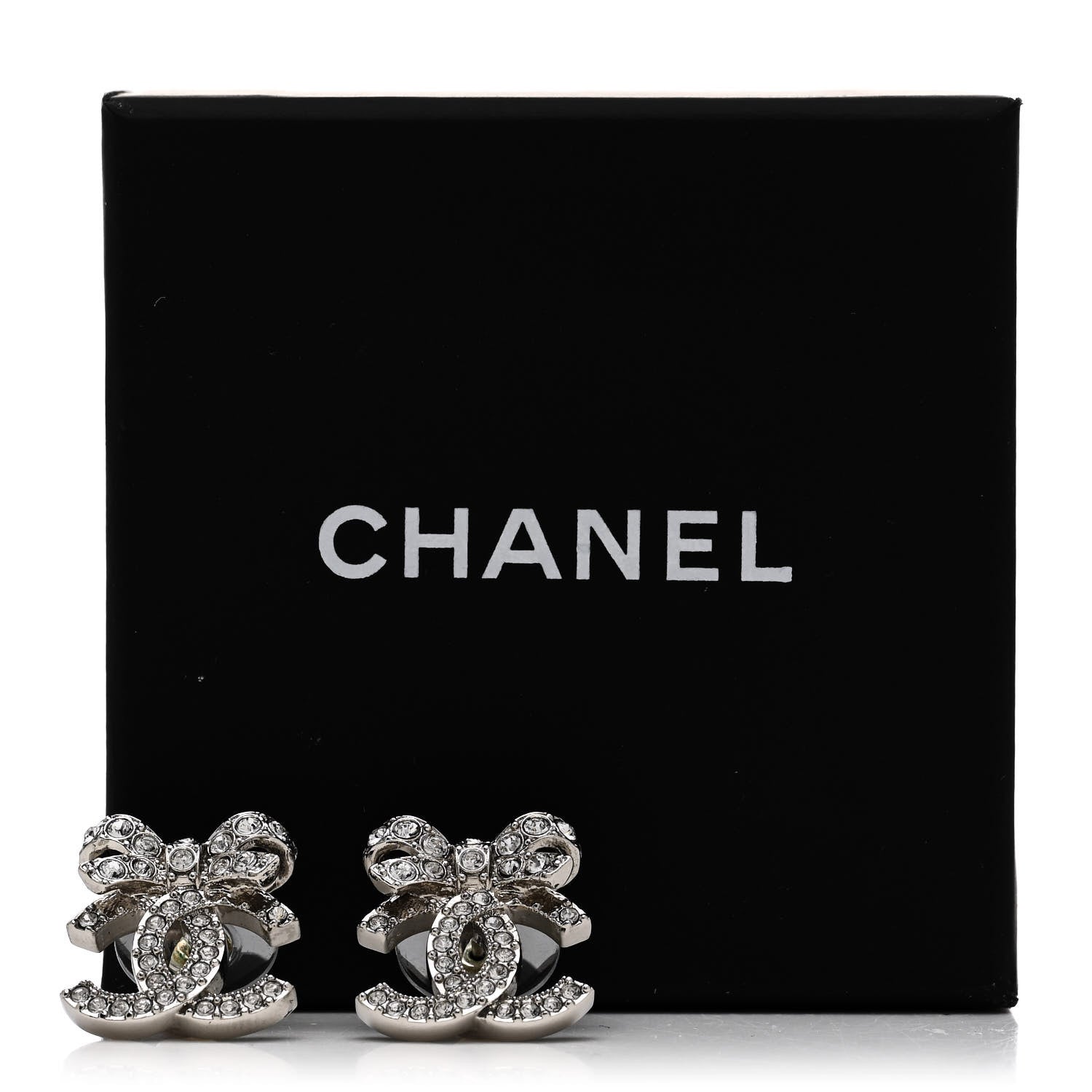 Chanel Crystal CC Bow Dangle Earrings Silver 5 of 5