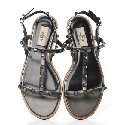 Valentino Garavani Metallic Nappa Rockstud T-Strap Slingback Flat Sandals 37.5 Rutenio 5 of 10
