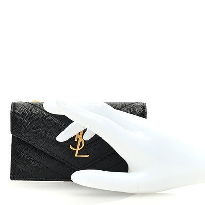 Saint Laurent Grain De Poudre Matelasse Chevron Monogram Compact Wallet Black 2 of 7