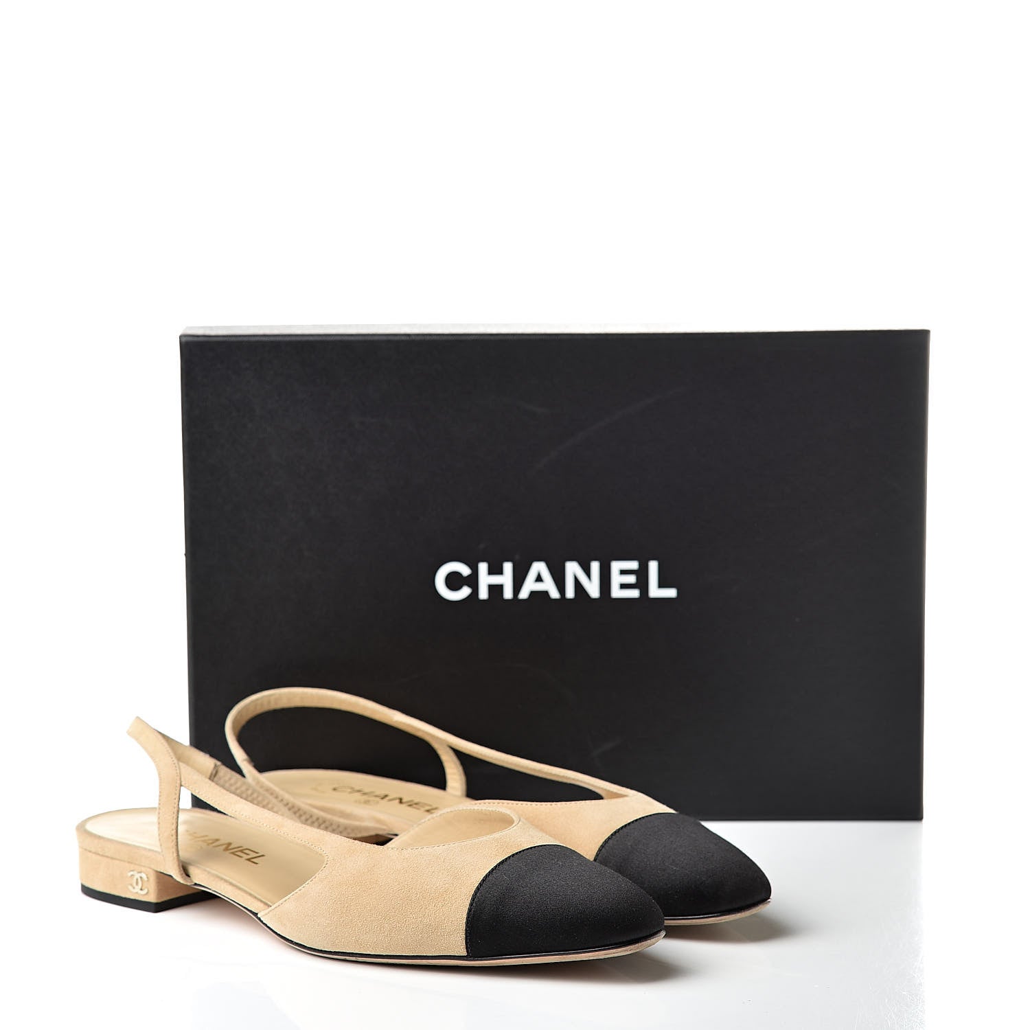 Chanel Kid Suede Satin Cap Toe CC Slingback Pumps 39 Beige Black 11 of 11