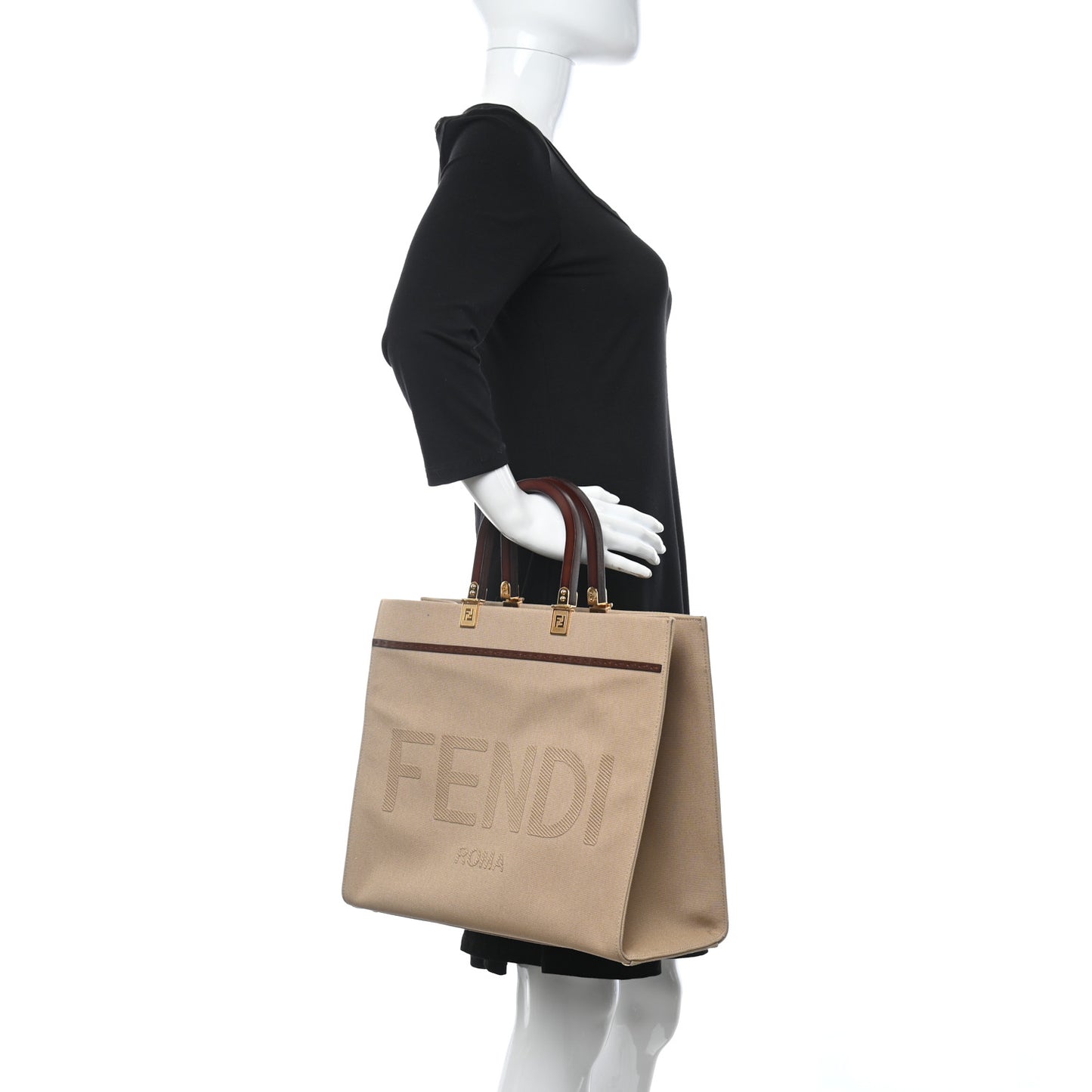 Canvas Vitello King Logo Embroidered Medium Fendi Sunshine Shopper Tote Sand Ghianda