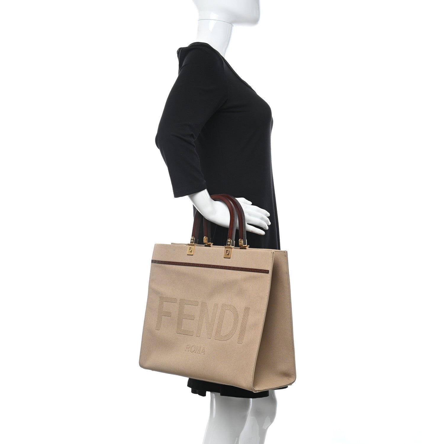 Fendi Canvas Vitello King Logo Embroidered Medium Fendi Sunshine Shopper Tote Sand Ghianda 2 of 11